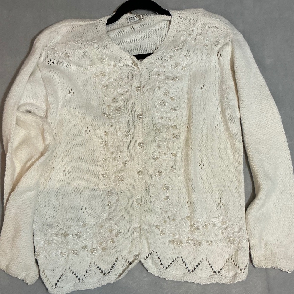 Vintage Elegant Beaded Pearl Embroidered Knit Cardigan Cream IvoryV‎ Neck Womens